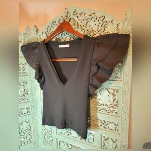 Zara | Plunging V Neck Ribbed Cropped Flutter Sleeve Blouse